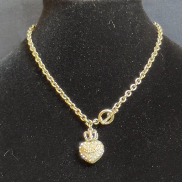 Juicy Couture Silver-Tone Crown Puff Heart Charm Necklace Toggle Closure Vintage - Picture 1 of 9